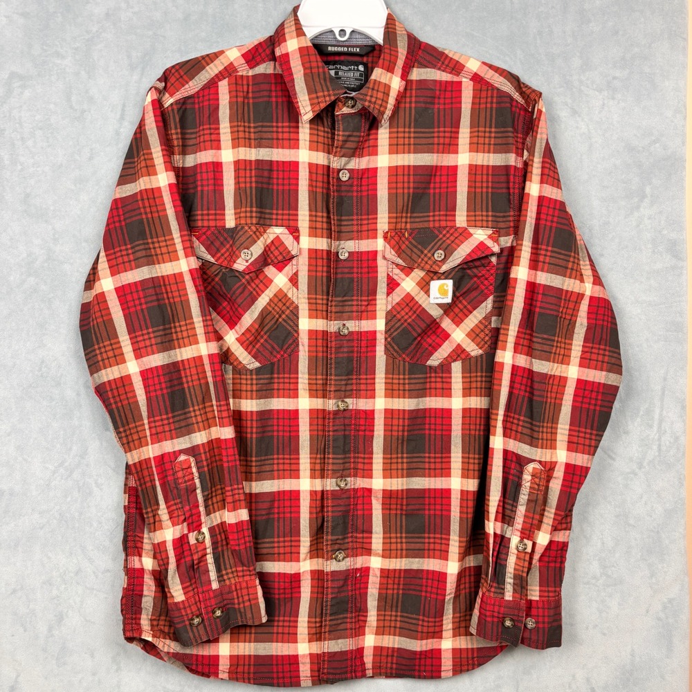 Carhartt Rugged Flex Relaxed Fit Plaid Flannel Shirt Mens Medium Red 104915 R09